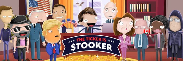 The whole cartoon cast in the Oval Office with a pile of gold coins