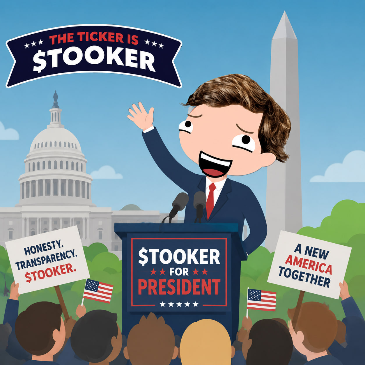 tooker kurlson waving at a campaign podium that reads $TOOKER for President, with the Capitol and Washington Monument behind him